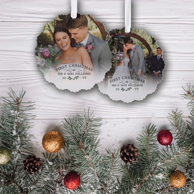 Beautiful Mistletoe First Christmas Mr & Mrs Photo Tree Decoration Card (Creator Uploaded)