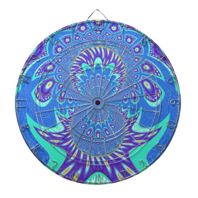 Beautiful Modern Cyan Blue batik Kaleidoscope Art Dartboard (Front)