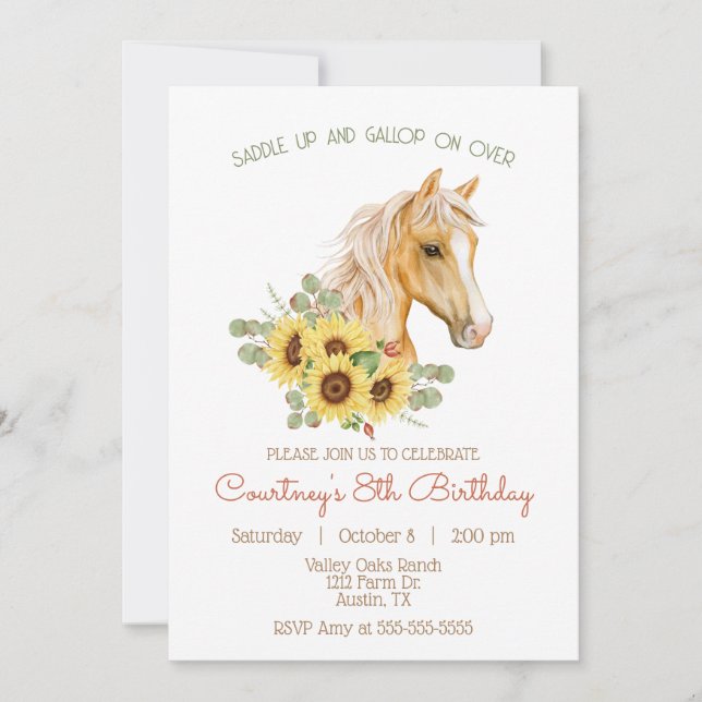 Beautiful, Modern Horse & Sunflower Birthday  Invitation (Front)