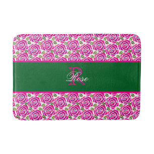 Beautiful Modern Hot Pink Magenta Roses Monogram Bath Mat