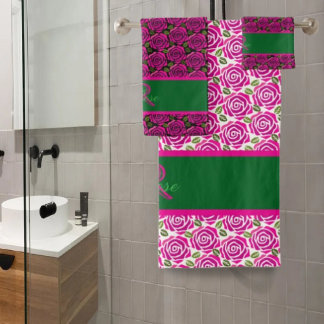 Beautiful Modern Hot Pink Magenta Roses Monogram  Bath Towel Set