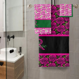 Beautiful Modern Hot Pink Magenta Roses Monogram  Bath Towel Set