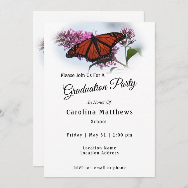 Beautiful Monarch Butterfly Photo Graduation Invitation (Front/Back)