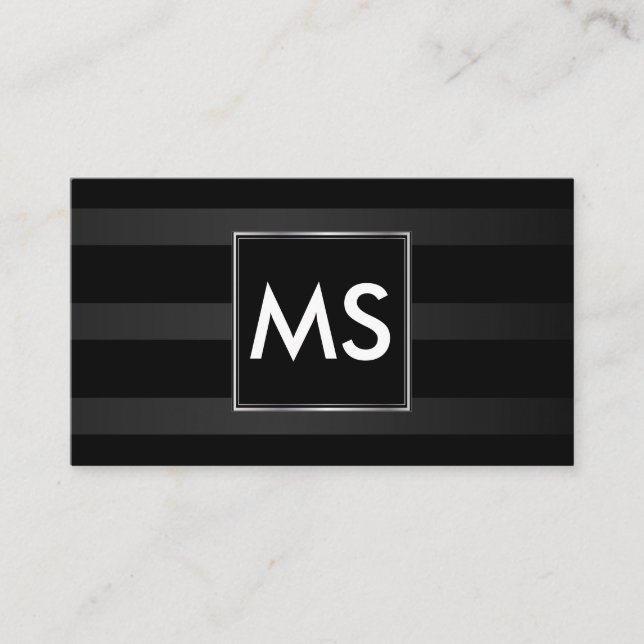 Beautiful Monogram Chic Stripes Faux Silver Frame Business Card (Front)
