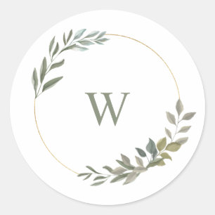 Beautiful Monogram Greenery Watercolor wreath Classic Round Sticker