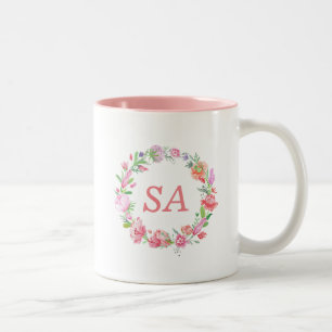 Beautiful Monogrammed Flower Wreath Pink Two-Tone Coffee Mug