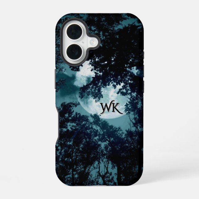 Beautiful Moon Glow Though Trees Monogram iPhone 16 Case (Back)