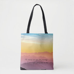 Beautiful morning scene with scripture. tote bag