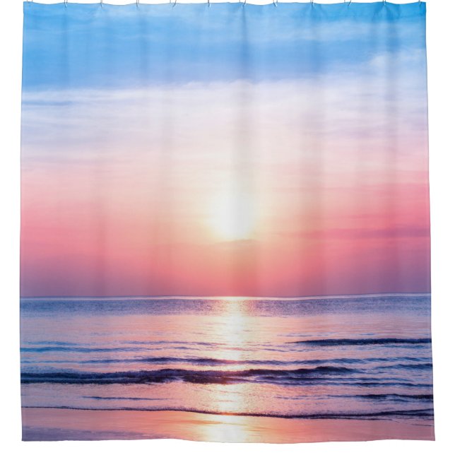 Beautiful morning sunrise, blue sea, pink sky, whi shower curtain (Front)