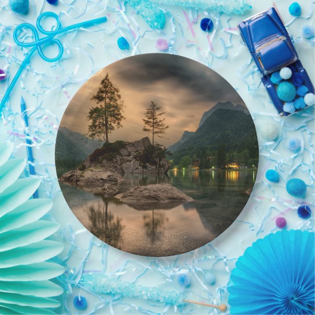 Beautiful Mountain Lake in the Evening Photo Paper Plate (Party)