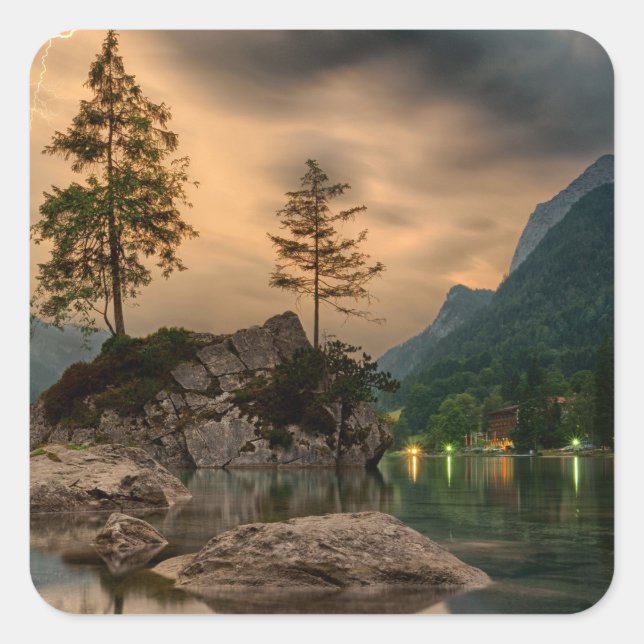 Beautiful Mountain Lake in the Evening Photo Square Sticker (Front)