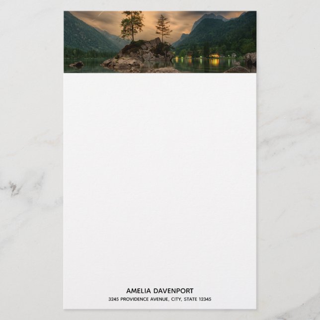 Beautiful Mountain Lake in the Evening Photo Stationery (Front)