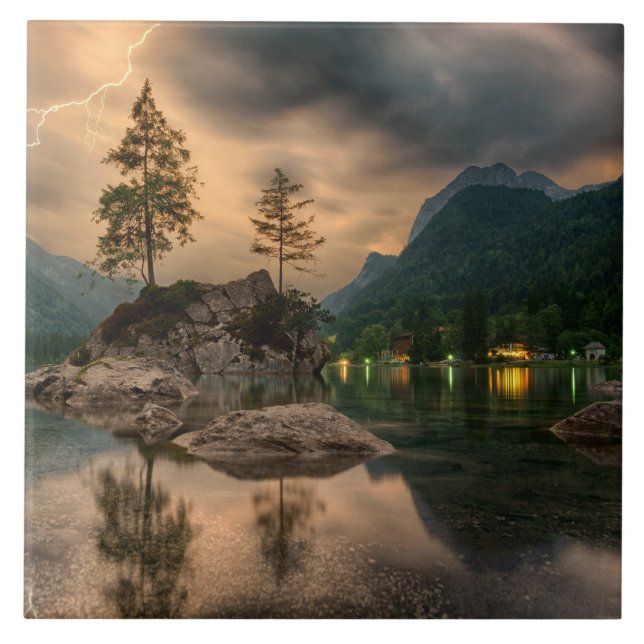 Beautiful Mountain Lake in the Evening Photo Tile (Front)