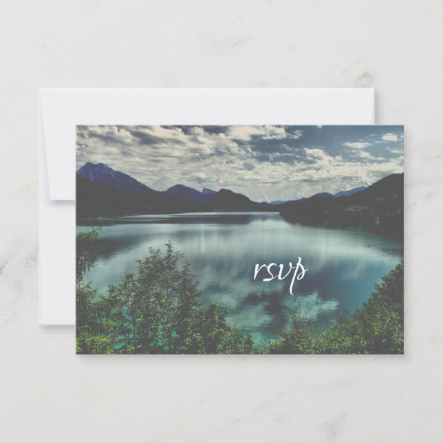 Beautiful Mountain Lake Reflections Wedding RSVP Card (Front)