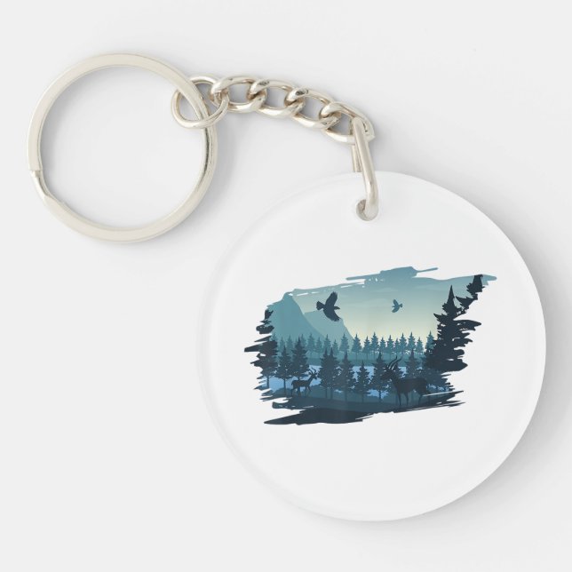Beautiful Mountain, Nature Trees and Forest Key Ring (Front)