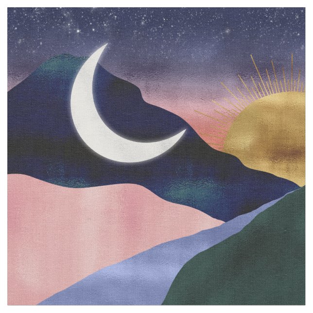 Beautiful Mountain River Moon Sunset Design Fabric (Close Up)
