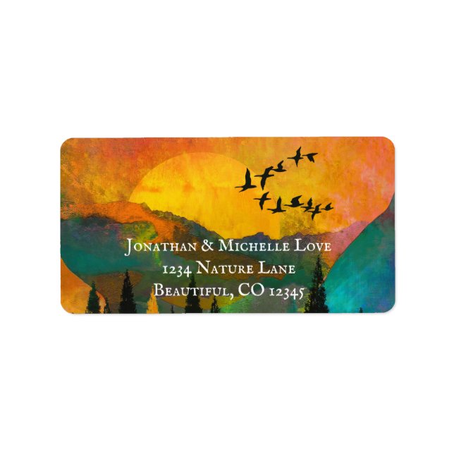 Beautiful Mountain Sunset, Trees and Birds Address Label (Front)