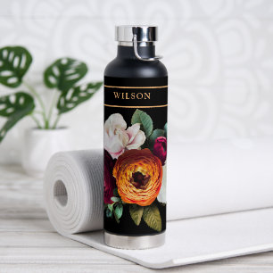 Beautiful Multi Colour Floral on Black / Name  Water Bottle