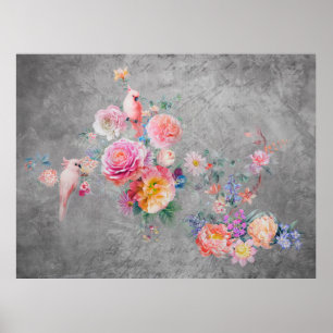 Beautiful multi-coloured flowers and birds on conc poster