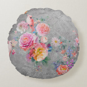 Beautiful multi-coloured flowers and birds on conc round cushion