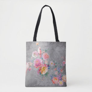 Beautiful multi-coloured flowers and birds on conc tote bag