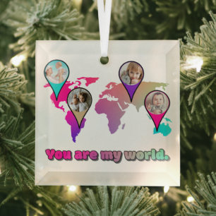 Beautiful Multicolor World Map Photo Collage  Glass Tree Decoration
