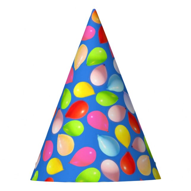 Beautiful multicolored balloons on sky blue party hat (Front)