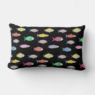 Beautiful Multicolored Fish on Black Lumbar Cushion