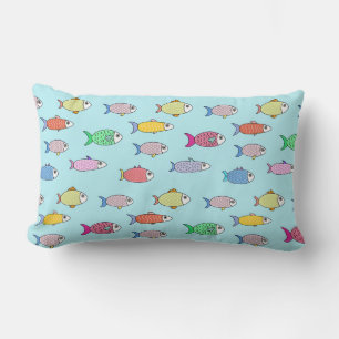 Beautiful Multicolored Fish on Light Blue Lumbar Cushion