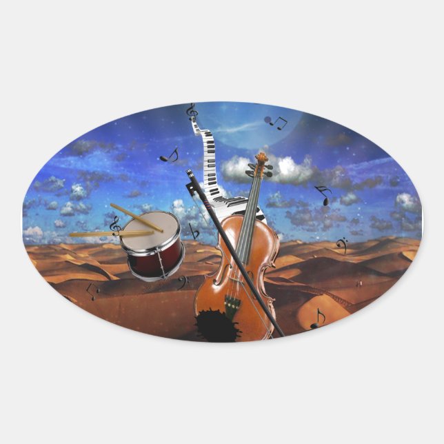 Beautiful music notes violin splatter piano drums oval sticker (Front)