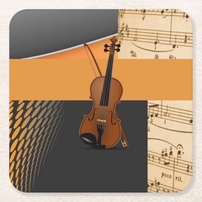 Beautiful musical abstract violin design square paper coaster (Front)