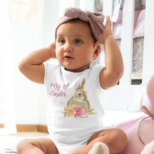 Beautiful My 1st Easter Bunny Flowers Pink Custom Baby Bodysuit