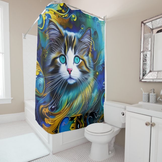 Beautiful Mystical Cat in Blues and Golds Shower Curtain (In Situ)