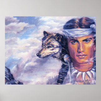 Beautiful Native American With Wolf Poster