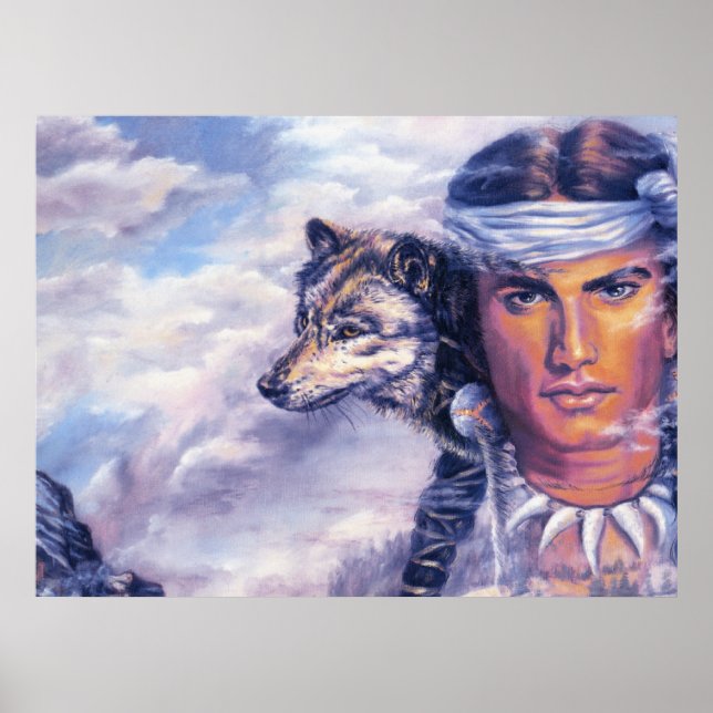 Beautiful Native American With Wolf Poster (Front)