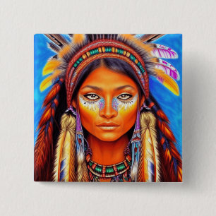 Beautiful Native American Woman   15 Cm Square Badge