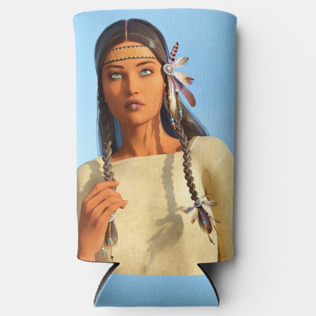 Beautiful Native American Woman Indigenous Outfit Seltzer Can Cooler (Front)