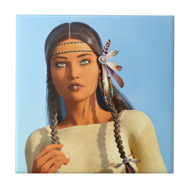 Beautiful Native American Woman Indigenous Outfit Tile (Front)