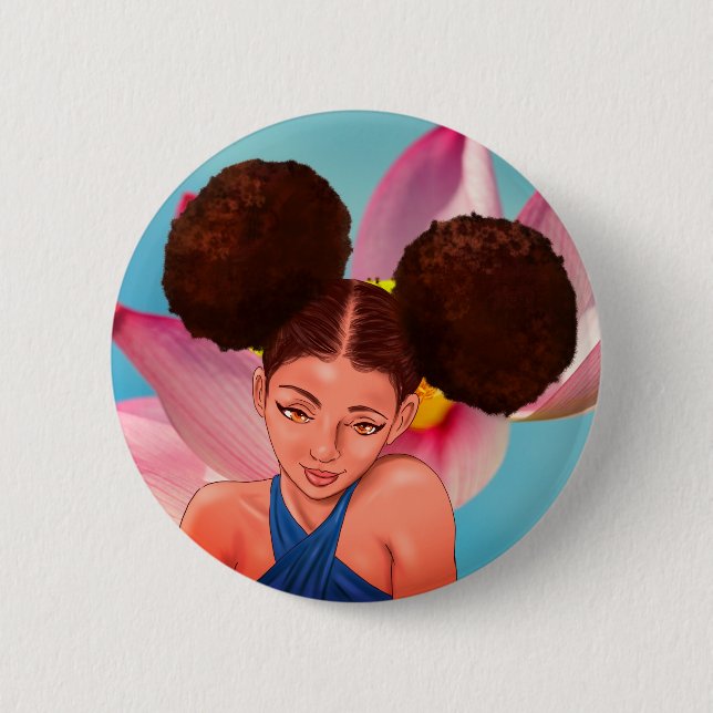 BEAUTIFUL NATURAL AFRO PUFF BLACK GIRL 6 CM ROUND BADGE (Front)