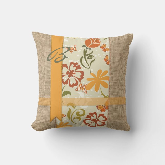 Beautiful Natural Burlap Orange Flower Butterflies Cushion (Front)