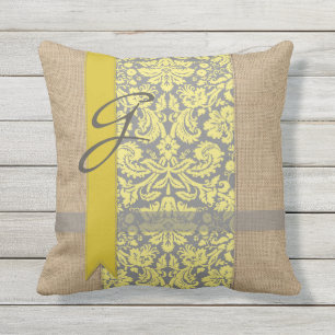 Beautiful Natural Burlap Yellow Grey Damask Ribbon Outdoor Cushion