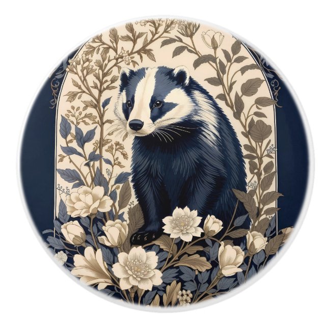 Beautiful Navy and Cream Vintage Badger Ceramic Knob (Front)