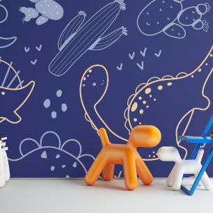 Beautiful Navy and Gold Dinosaurs Wallpaper