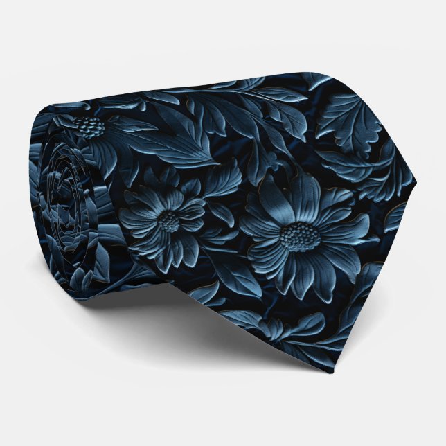 Beautiful Navy Blue Faux Tooled Leather  Tie (Rolled)