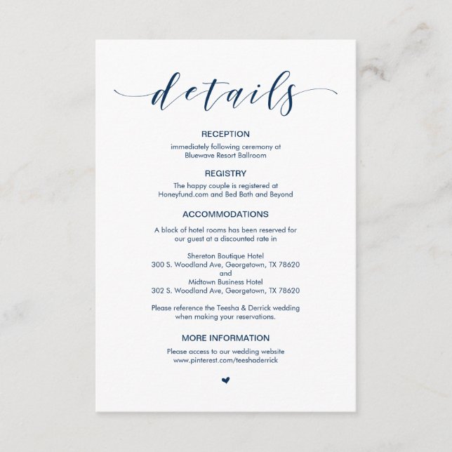 Beautiful Navy Blue font, Wedding Details Enclosure Card (Front)