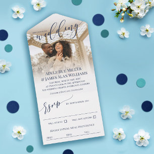 Beautiful Navy Blue Script Photo Wedding All In One Invitation