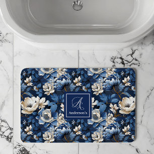 Beautiful Navy Flowers Personalised Floral Bath Mat