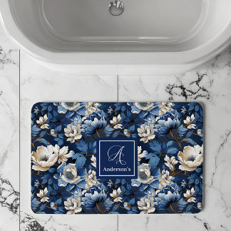 Beautiful Navy Flowers Personalised Floral Bath  Mat