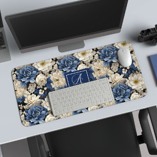 Beautiful Navy Flowers Personalised Floral Desk Mat