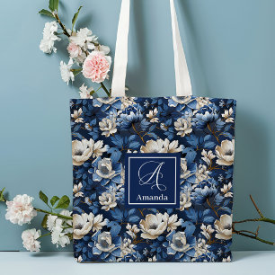 Beautiful Navy Flowers Personalised Floral Tote  Bag